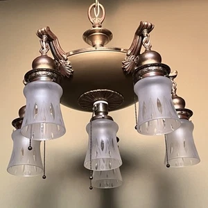 LARGE! C.1912 ORNATE Pan Chandelier With Wheel Cut Art Glass Shades - Restored! - Picture 1 of 15