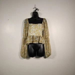 PEACH LOVE CALIFORNIA Peplum Blouse Top Womens S Chartreuse Yellow White Floral - Picture 1 of 12