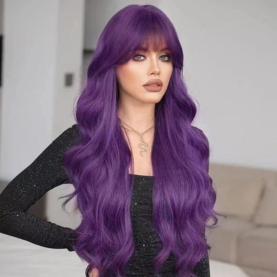 Purple Wig with Bangs Long Purple Wavy Wigs for Women 26 Inch Dark Purple Wigs N - Image 1 of 4