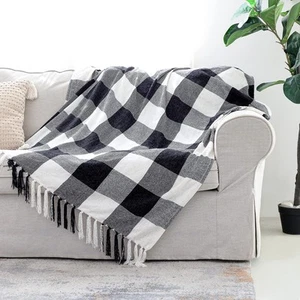Black White Buffalo Plaid Decor Blanket, Lightweight Soft Chenille Check Knit... - Picture 1 of 4