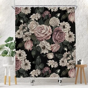 Black Floral Shower Curtain for Bathroom Set Dark Rose Flower Boho Victorian ... - Picture 1 of 6