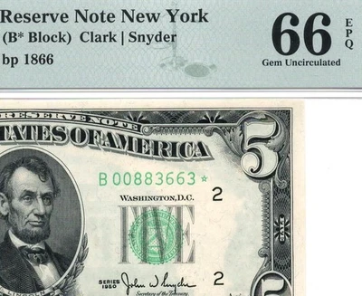 1950* $5 New York STAR Federal Reserve Note FRN • 1961-B* Rare • PMG 66 EPQ - Image 1 of 3