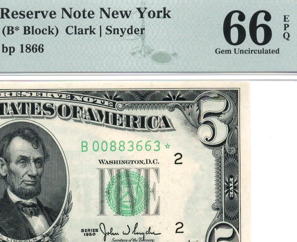1950* $5 New York STAR Federal Reserve Note FRN • 1961-B* Rare • PMG 66 EPQ - Image 1 of 3