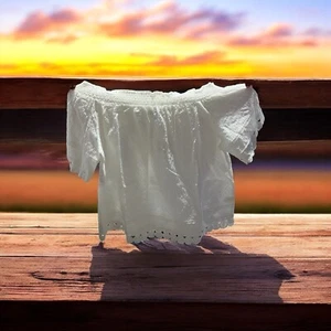 Davi & Dani Womens Large Blouse White Off Shoulder Woven Lace Trim 3/4 Slv 16853 - Picture 1 of 3