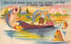 Cartolina d'epoca a fumetti: Pesce ti tiene in salto, lino d'epoca - Foto 1 di 2