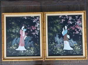 De colección Óleo sobre Lona Geishas Japonesas Mujeres Cerezo Flor Marco Bambú Firmado - Imagen 1 de 18