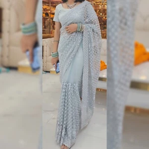 Light blue net sequin Saree NEGOTIABLE Pre-Owned - Picture 1 of 10