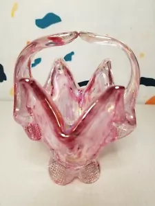Vintage Swung Korb Vase schillernd rosa Wirbel Lilie Blume Rossi Kunst Glas BX12 - Bild 1 von 9