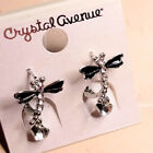 Dragonfly Hoop Earrings Silver Tone Clear Crystal Black Enamel in Gift Pouch