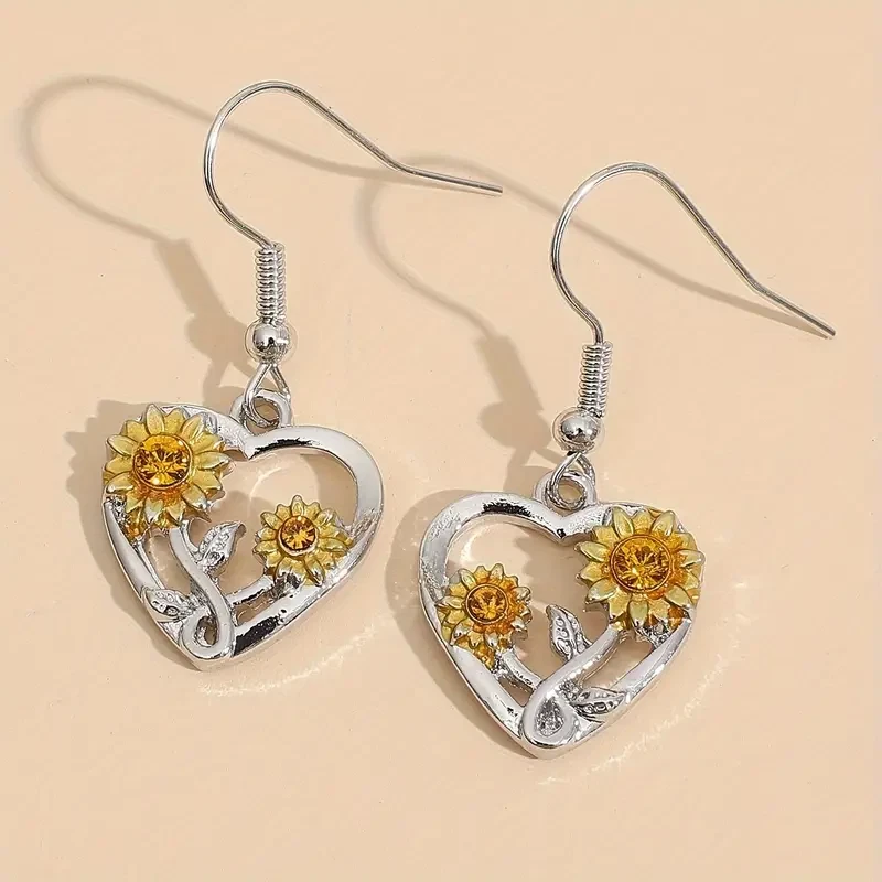Fashion Women Sunflower Heart Shape Dangle Earrings Yellow Silvery Gift Party - Image 1 of 2