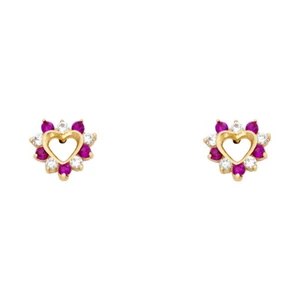 14K Yellow Gold Round Cut Red CZ Heart Screw Back Stud Earrings - Picture 1 of 1