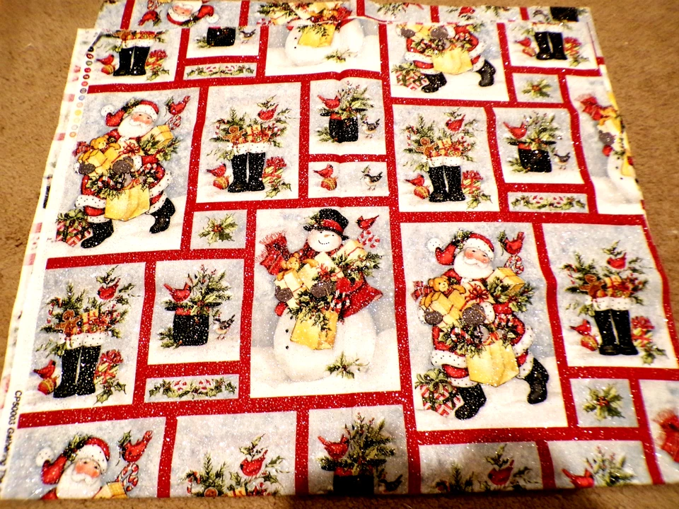 1yd Susan Winget Gathering The Gifts Santa Snowman Blocks w/ Silver Glitter - Image 1 of 1
