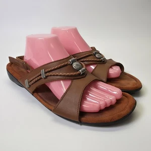 Sandalias Minnetonka Mujer 13M Cuero Marrón Plateado Adornado Trenzado Cordones - Imagen 1 de 18