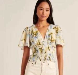 Blusa Floral Abercrombie & Fitch Cuello en V Top Calado Manga Acampanada Azul Grande - Imagen 1 de 10