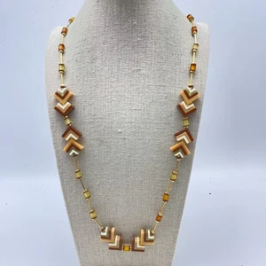 Vintage Geometric Chevron Beaded Necklace Tan Brown Cream Modernist - Picture 1 of 7