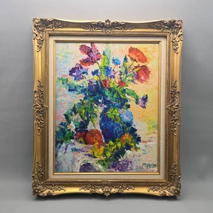 Vintage Dick Ensing signierter Blumenstillleben Kunstdruck Wandbehang Goldrahmen 26x22 - Bild 1 von 14