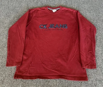 Calvin Klein Jeans VTG Sweatshirt Red Blue Denim Spellout Logo Pullover Medium - Image 1 of 4