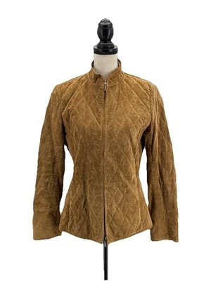 Chaqueta acolchada de cuero de gamuza Ann Taylor para mujer color tostado mediano cremallera bidireccional Foto 1 de 4