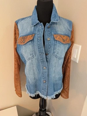 NWT Bunulu Distressed Lightweight Denim Jacket Lace Sleeves & Frayed Hem Sz. M - Image 1 of 4