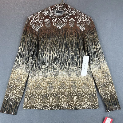 Blusa Tribal Mock Neck Ruched Vintage Tamanho M Nova Com Etiqueta Marrom Estampa Ombre Manga Longa Elástica - Imagem 1 de 4