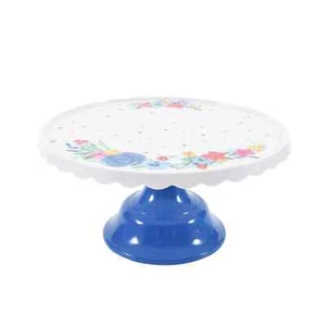 Pioneer Woman Cake Stand Floral Scalloped Melamine White Blue 11"dia x5.25"H New - Picture 1 of 10