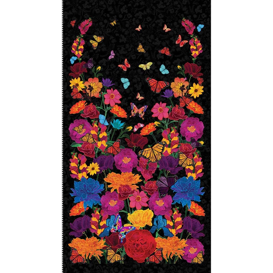 Garden Flowers Butterflies Fabric Mariposa Dance Black Cotton by Blank 24" Panel - Image 1 of 1