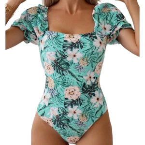 Ruffle Sleeve Swimsuit Size 8/10 (L) Square Neck Criss Cross Strap Back Padded - Picture 1 of 8