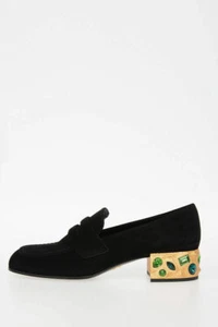 PRAD A UNIQUE BLACK SUEDE EMERALD GREEN JEWELED HEEL LOAFERS 36.5 40 LOVE SHOES - Picture 1 of 11