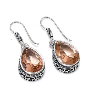 Peach Morganite Gemstone Handmade 925 Sterling silver Earring Size 1.4'' - Picture 1 of 1