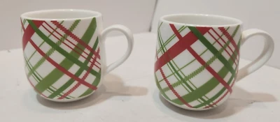 Crate And Barrel Red and Green Plaid Christmas Expresso/Demitasse Cups Set Of 2 - Image 1 of 4