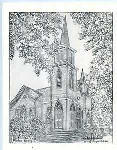 11" Druck 1976 alte Baptistenkirche Gebäude Ebenen GA Georgia Eckansicht signiert - Bild 1 von 1