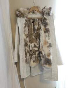Rare Vintage Genuine Leather Raccoon Fur Lining with Rabbit Trim Hooded Coat By - Picture 1 of 24