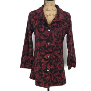 Susan Graver Womens sz XXS Jacket Black Red Floral Button Front Long Slv Fleece - Picture 1 of 4
