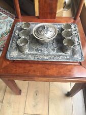 Antique Islamic Arabic Persian Solid Silver Teaset Tray Cup Holder Sugar Bowl