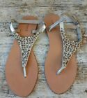 Matalan Flat Leather Thong Sandals Size 6 Light Gold with Brown and Cream beads