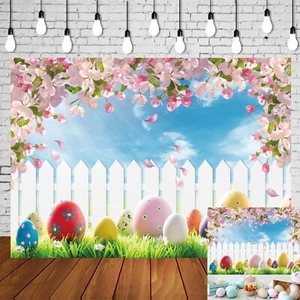 Primavera Pascua Telón de fondo Conejos Huevos coloridos Valla Fondo Pascua Banner - Imagen 1 de 9