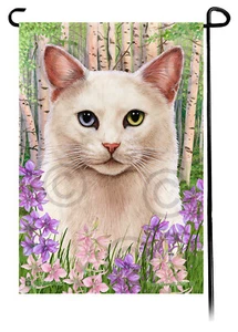 Bandera de jardín con flores de primavera - gato blanco de ojos extraños - Imagen 1 de 1