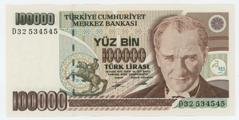 Turkey 100000 Lira L.1970 Pick 205 UNC Uncirculated Banknote Serie D32 Cover
