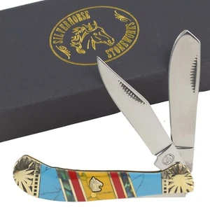 Frost Silverhorse Stoneworks Turquoise Saddlehorn Pocket Knife Blue Red Yellow - Picture 1 of 2
