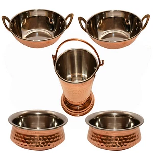 Juego de 2 kadai de acero cobre, 2 handi, 1 cubo martillado para servir hotel cocina regalo - Imagen 1 de 4