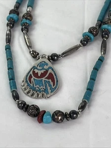Vintage Indianer Sterling Intarsien Türkis Koralle THUNDERBIRD Anhänger Halskette - Bild 1 von 8