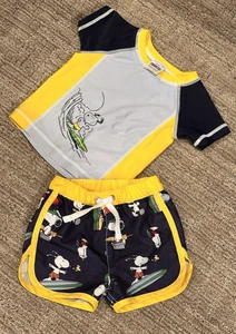Hanna Andersson Peanuts Snoopy Boy 6 9 12 M 70 Rash Guard Swim Trunk Top Set LN - Picture 1 of 8