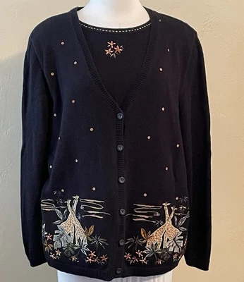 Cárdigan Suéter Vintage Alfred Dunner Safari Jirafa Cuentas Bordado 2fer M Foto 1 de 4