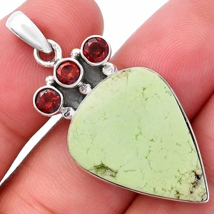 Natural Lemon Chrysoprase & Garnet 925 Sterling Silver Pendant Jewelry P-1120 - Picture 1 of 5