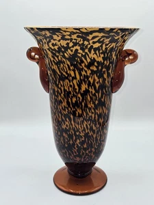 Vintage Hand Blown Amber Tortoise Shell Glass Footed Vase - Picture 1 of 7