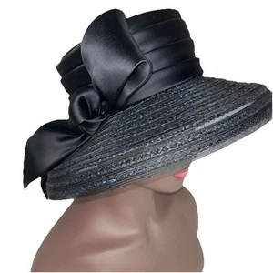 Vintage Kokin New York NWT Black Straw Wide Brim Large Satin Bow Hat Retail $245 - Picture 1 of 8