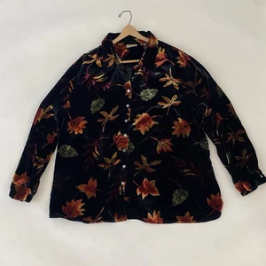 Weiß Hirsch Gr. 22 24 Langarm Knopfleiste Samt Herbst Blätter Bluse Top Shirt - Bild 1 von 9