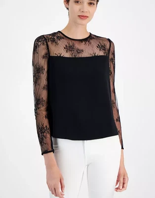 Hugo Boss women's Bettina Lace-Trim Black Crewneck Top - Small - retail $138 - Image 1 of 4