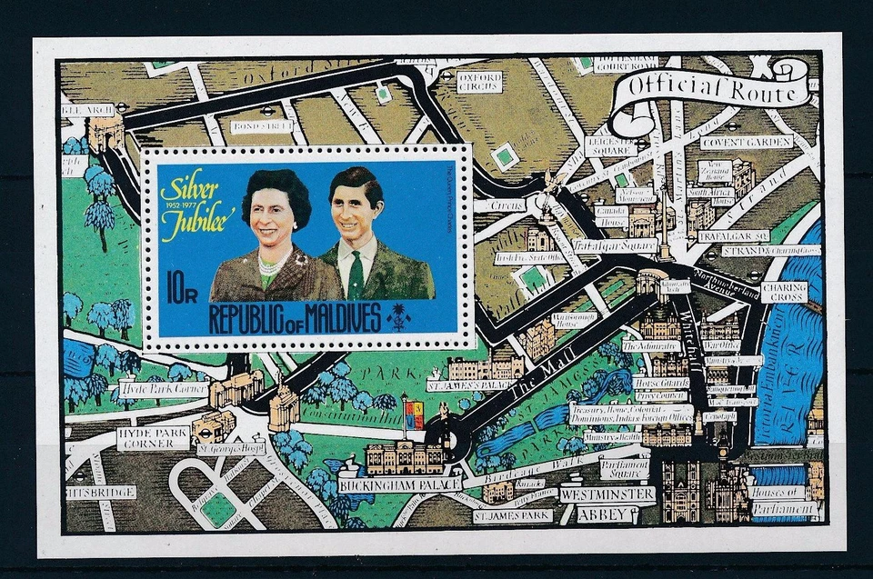 [36737] Hoja de recuerdo Maldivas 1977 Royalty Silver Jubilee Queen Elizabeth MNH Foto 1 de 1