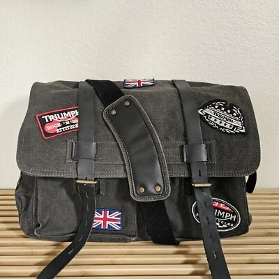 Heavy Duty Gray Canvas Shoulder Bag Tote Triumph Patches &  Logos 6x12x16 - Image 1 of 4
